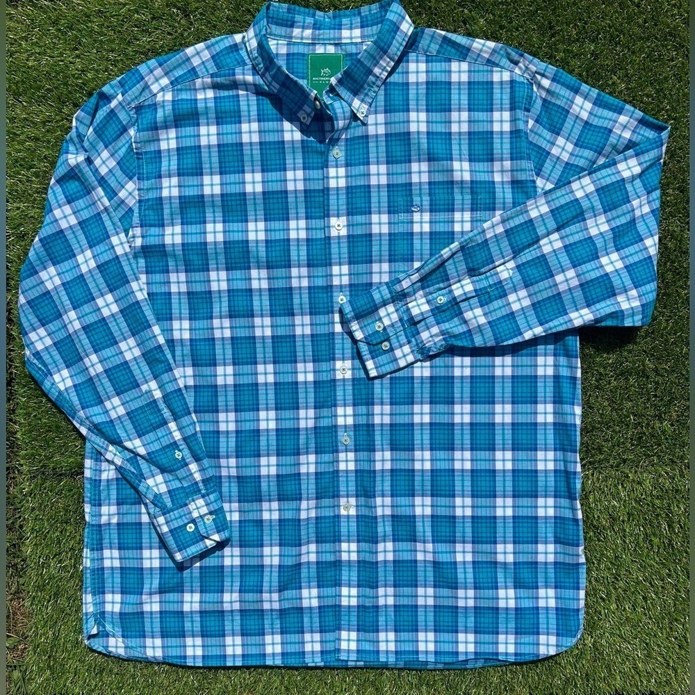 Southern Tide Blue Plaid Button-Down Shirt Long Sleeve Skipjack Logo, Size XXL